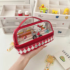 Kawaii Cartoon Hellokitty Kuromi Large Capacity Transparent Double Layer Pencil Case Cartoon Cinnamoroll Stationery Pen Bag