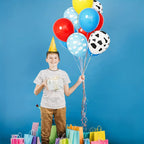 Red Yellow Blue Toy Balloons,Light Blue Cloud Cow Print Balloons for Baby's Birthday Story and Football Party Themed Decorations