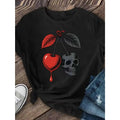 Women'S Gothic Cherry & Skull Graphic T-Shirt - Maroon & Black Contrast Short Sleeve Top with Red Fruit & Bone Design, Medium Stretch Round Neck Casual Tee for Spring Summer Fall, Machine Washable Regular Fit Gothic Everyday