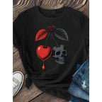 Women'S Gothic Cherry & Skull Graphic T-Shirt - Maroon & Black Contrast Short Sleeve Top with Red Fruit & Bone Design, Medium Stretch Round Neck Casual Tee for Spring Summer Fall, Machine Washable Regular Fit Gothic Everyday