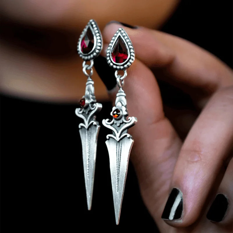 Gothic Sword Drop Earrings Red Stone Dangle Halloween Jewelry
