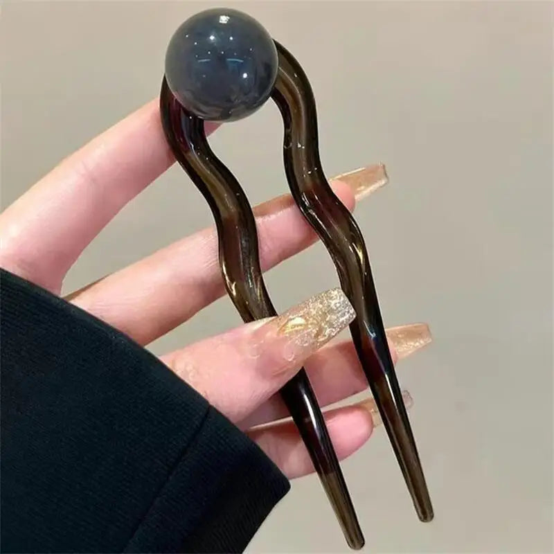 Fashion Colored Pearl U-Shaped Hair Sticks Hairpin Hair Fork Bun Sweet Trendy Acrylic Hair Clip for Women Girls Hair Accessories