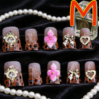 10PCS Diamond French Pointed Nail Short Square Nail Nude Fake Nail With Gold Glitter Diamond Nail Leopard Print Fake Nail