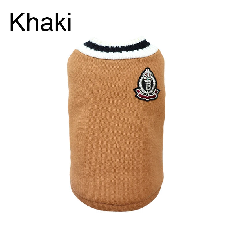 Khaki dog sweater with a logo on a white background