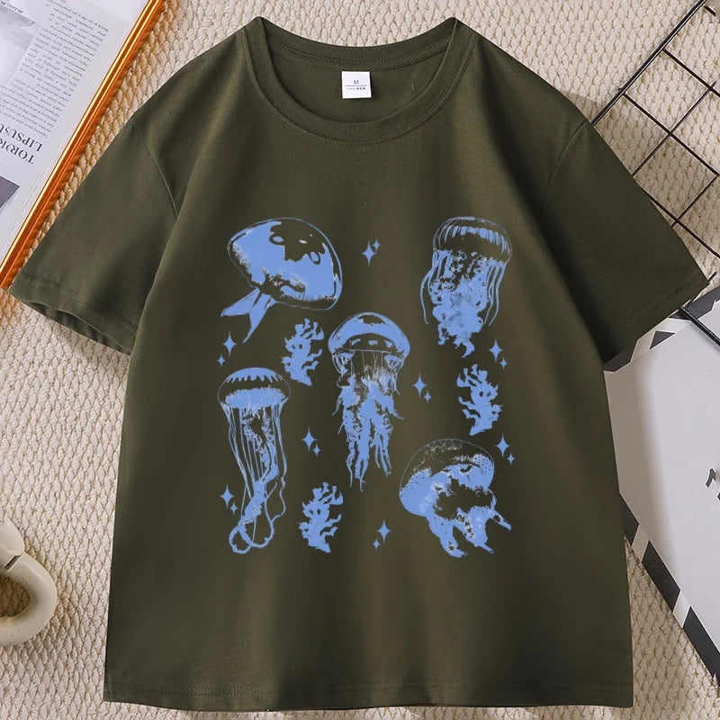 Vintage Jellyfish T-Shirt Summer Ocean Tee Sea Creature Top Beach Lover Gift Men Women Casual Round Neck Printed T Shirt