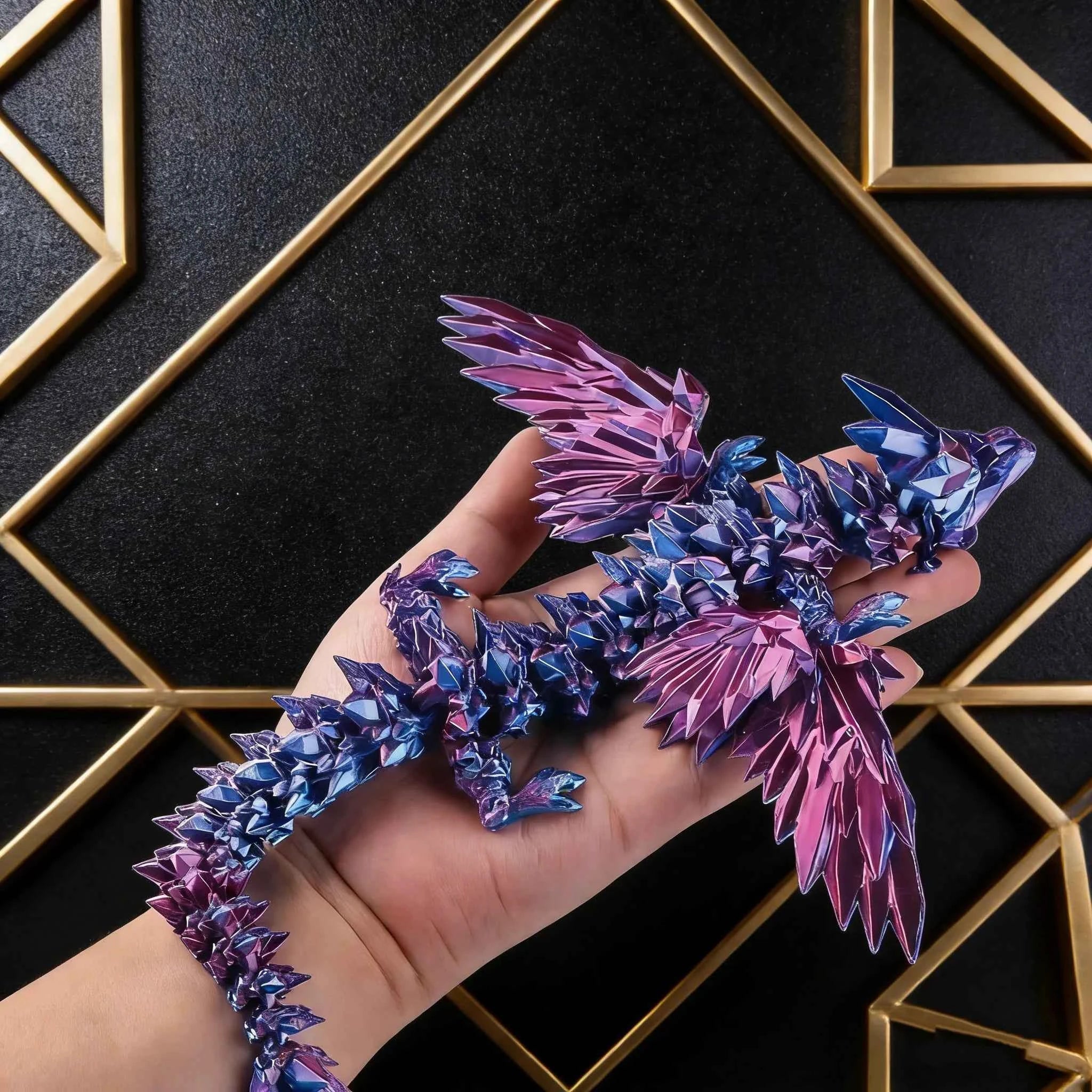 Colorful gemstone 3D-printed dragon egg figurine with wings and egg shape, featuring flexible joints and handcrafted desktop dec