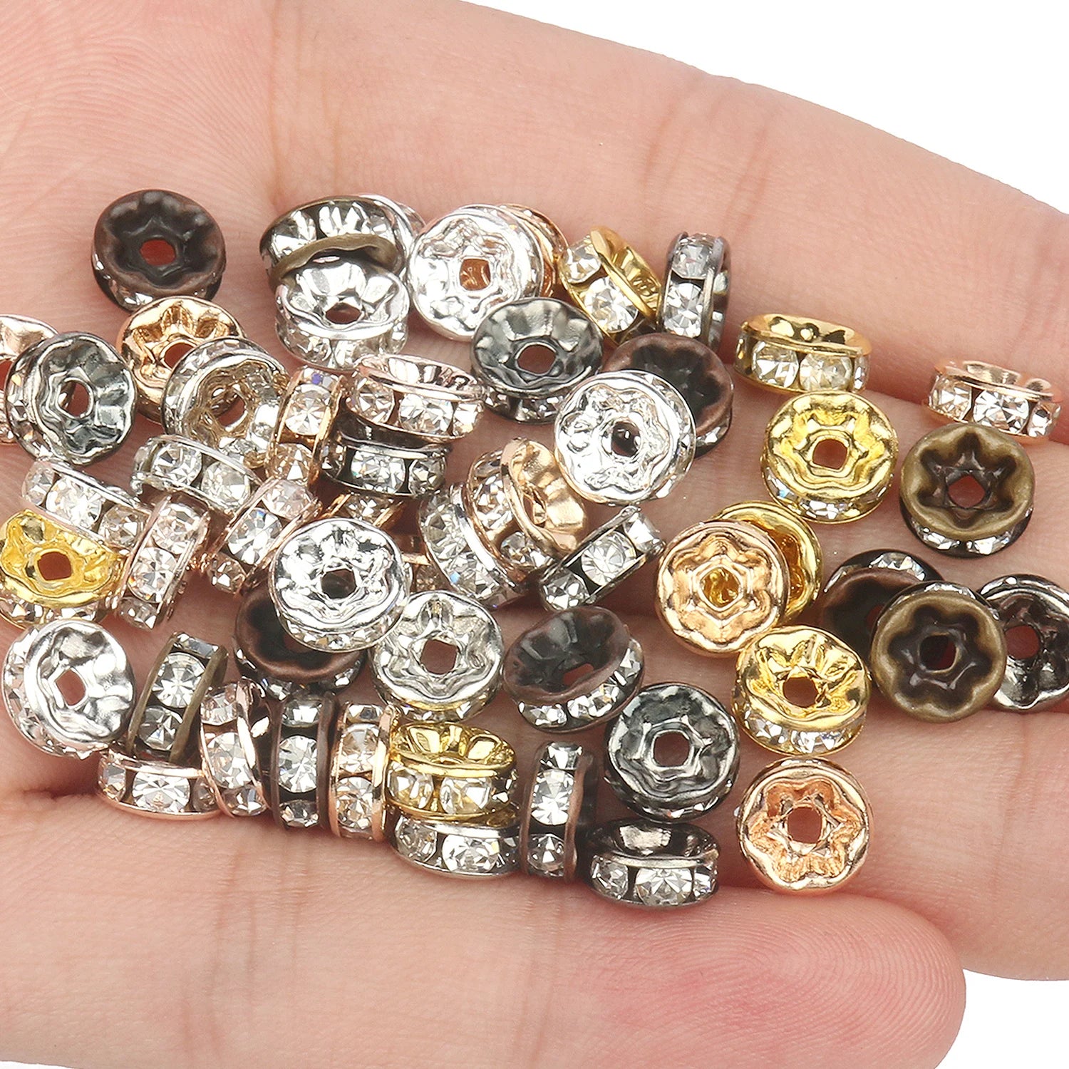 50pcs Rhinestone Spacer Beads Multi-color Crystal Metal Spacers Rondelle Beads for Jewelry Making DIY Bracelets Accessories