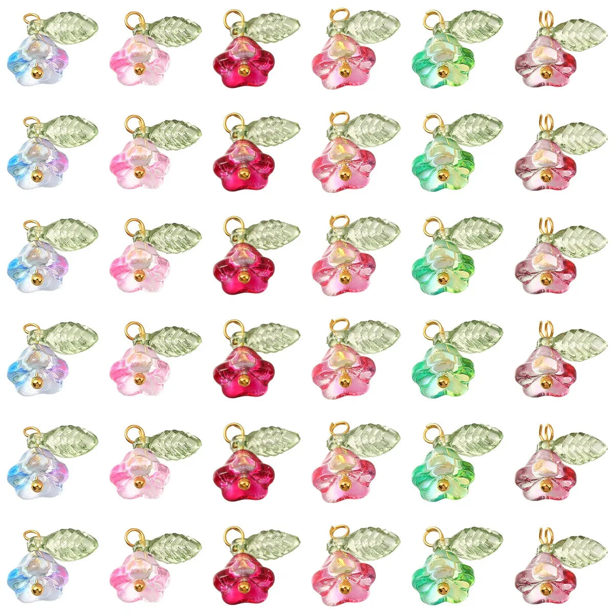 30Pcs 6 Colors Glass Pendants with Golden Brass Findings Flower Charms for Women Necklace Bracelet Earrings DIY jewelry making
