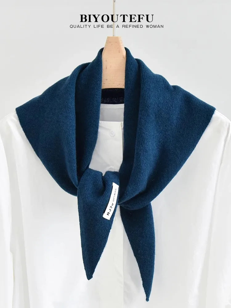 100% Australian Wool Knitted Triangle Scarf Shawl Women's Autumn  Winter Warm Neck Protection Scarf Decorative  Small Scarf