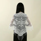 Fashion Lace Embrodiery  Tassel Triangle Scarf Women Headscarf Female Eid Summer Shawls Scarves Long Veil Floral Scarf Turban