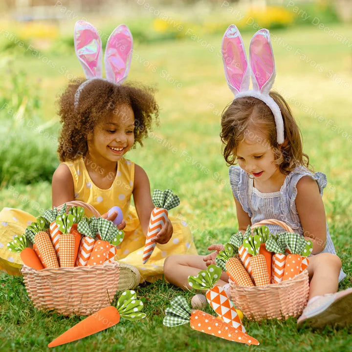 Kids holding soft toy carrots at Easter party
