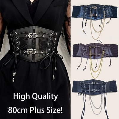 Lace Corset Punk Black Wide Belt With Chain Pu Leather Slimming Body Belts for Women Elastic High Waist Belt Female Cummerbunds