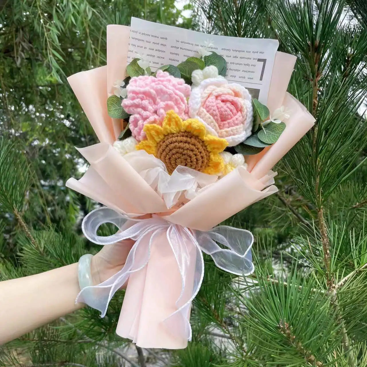 Finished Knitted Flowers Sunflowers Crochet Bouquet Creative Knitted Flowers Valentine Mothers' Day Birthday Graduation Gifts