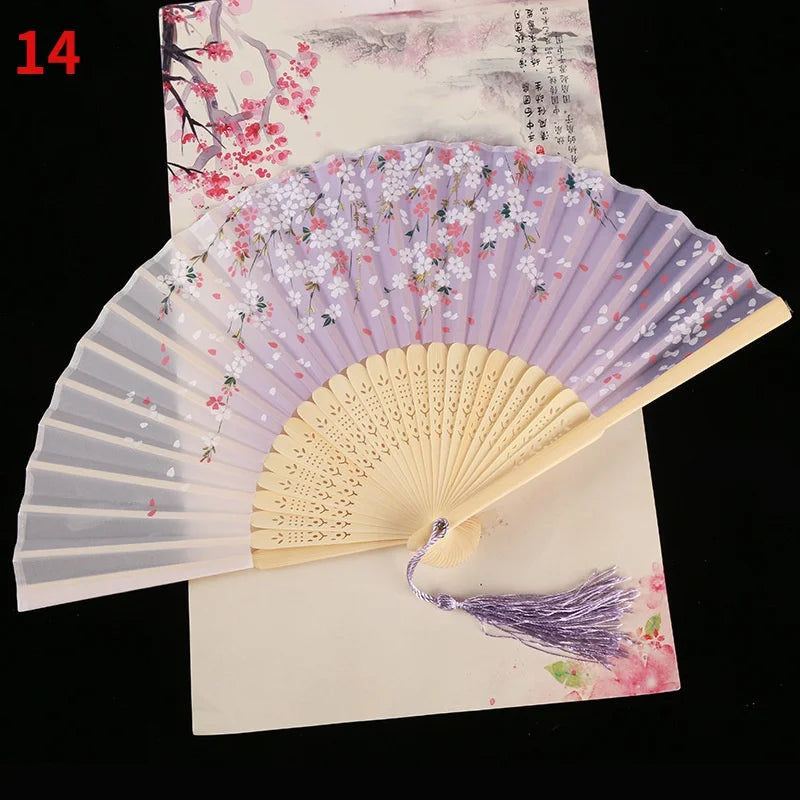 Vintage Silk Folding Fan Bamboo Tassel Decorative Hand Fan