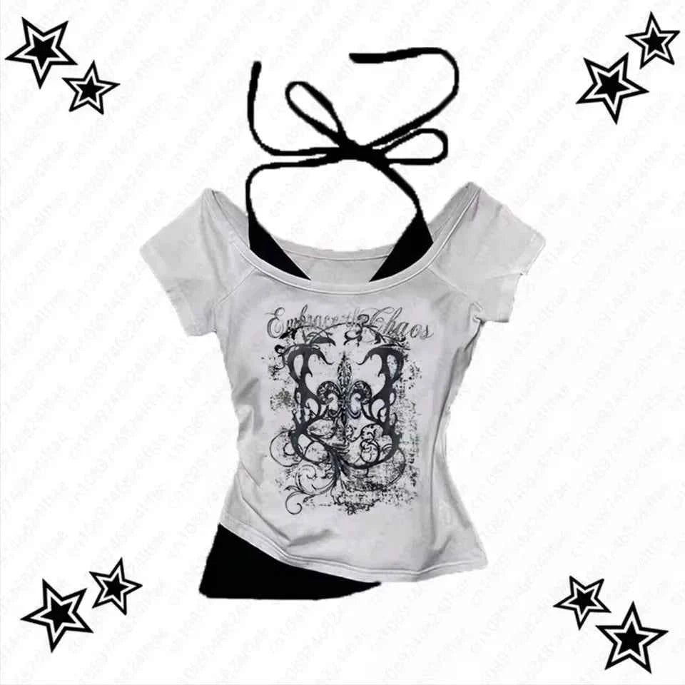 Women's 90s Vintage Punk T-Shirt Summer Streetwear Sexy Short Sleeve Gothic Slim Crop Top Hotgirl Casual Femme Tee Harajuku Y2k