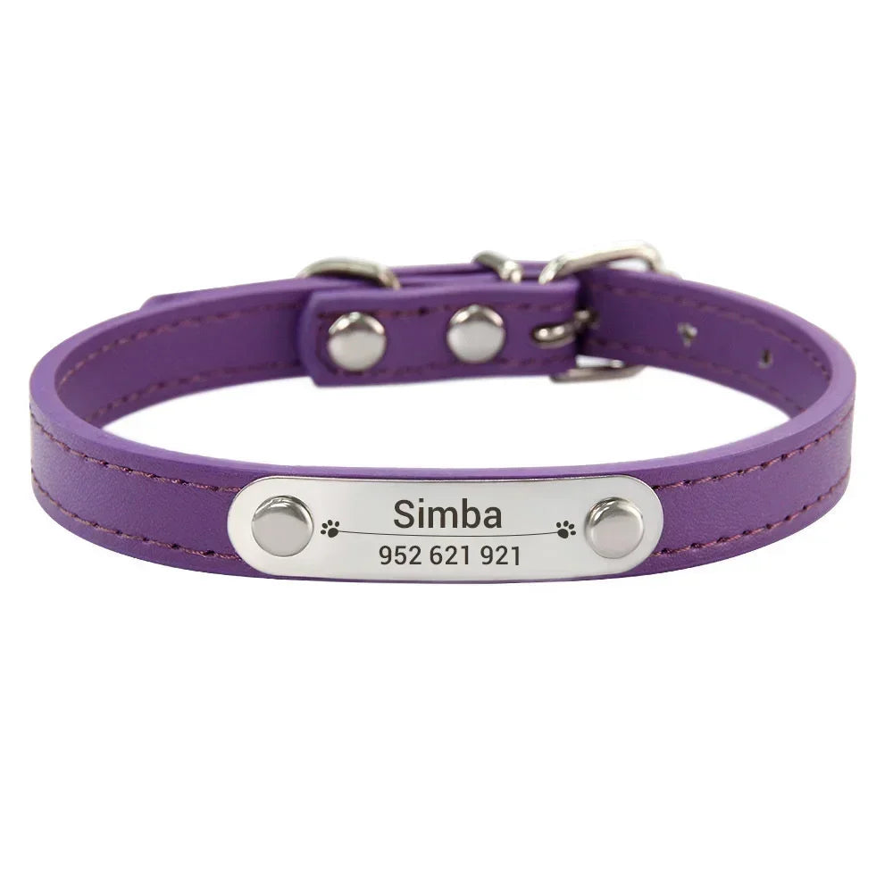 Personalized Dog Collar with Name Engraving – Anti-Lost PU Leather Collar for Dogs and Cats