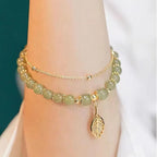 Chinese Style Green Jade Bracelet For Women Exquisite Gold Color Leaves Wrist Strap Bangle Double Chain Bracelet Girls Gifts