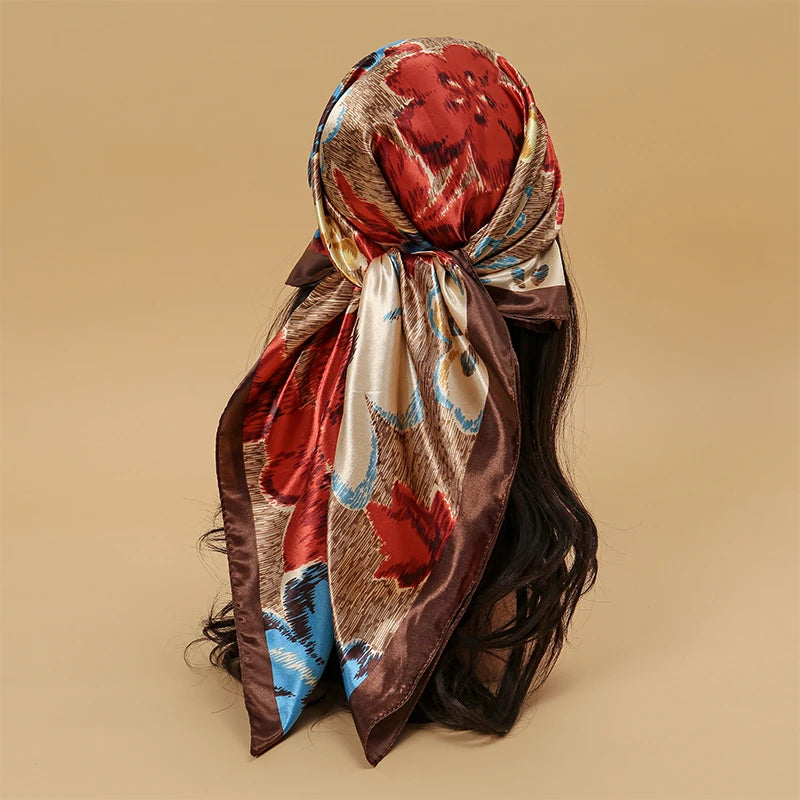 Satin Square Scarf Women Muslim Hijab Elegant 2025 Print Silk Neckerchief Shawl Wraps Headband Handle Hair Accessories Bandana