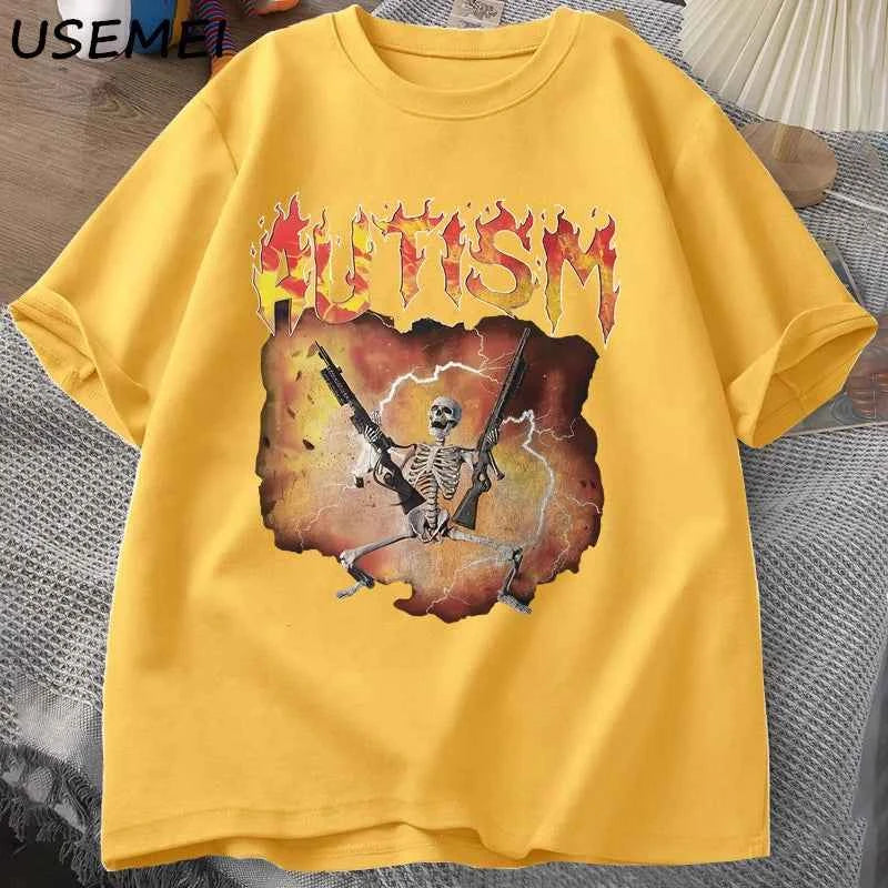 Autistic Funny Skeleton T-Shirt Men Women Autism Meme Graphic T Shirts Harajuku Fashion Cotton Vintage T Shirt Unisex Streetwear