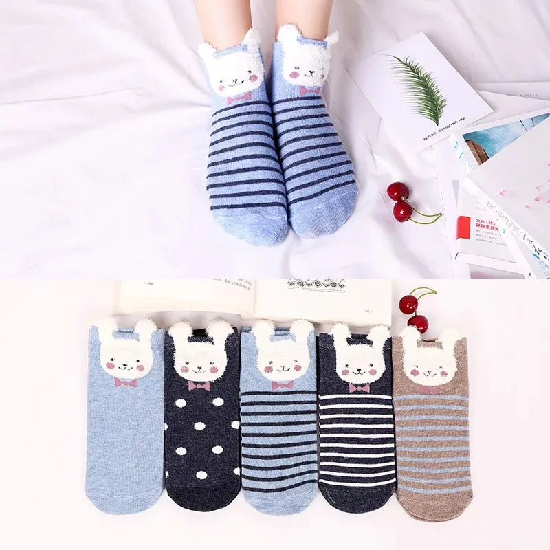 5 Pairs Lot Pack Women Socks Spring Summer Animal Unicorn Cat Fox Ear Cartoon Happy Funny Cute Lovely Cotton Ankle Socks Heart