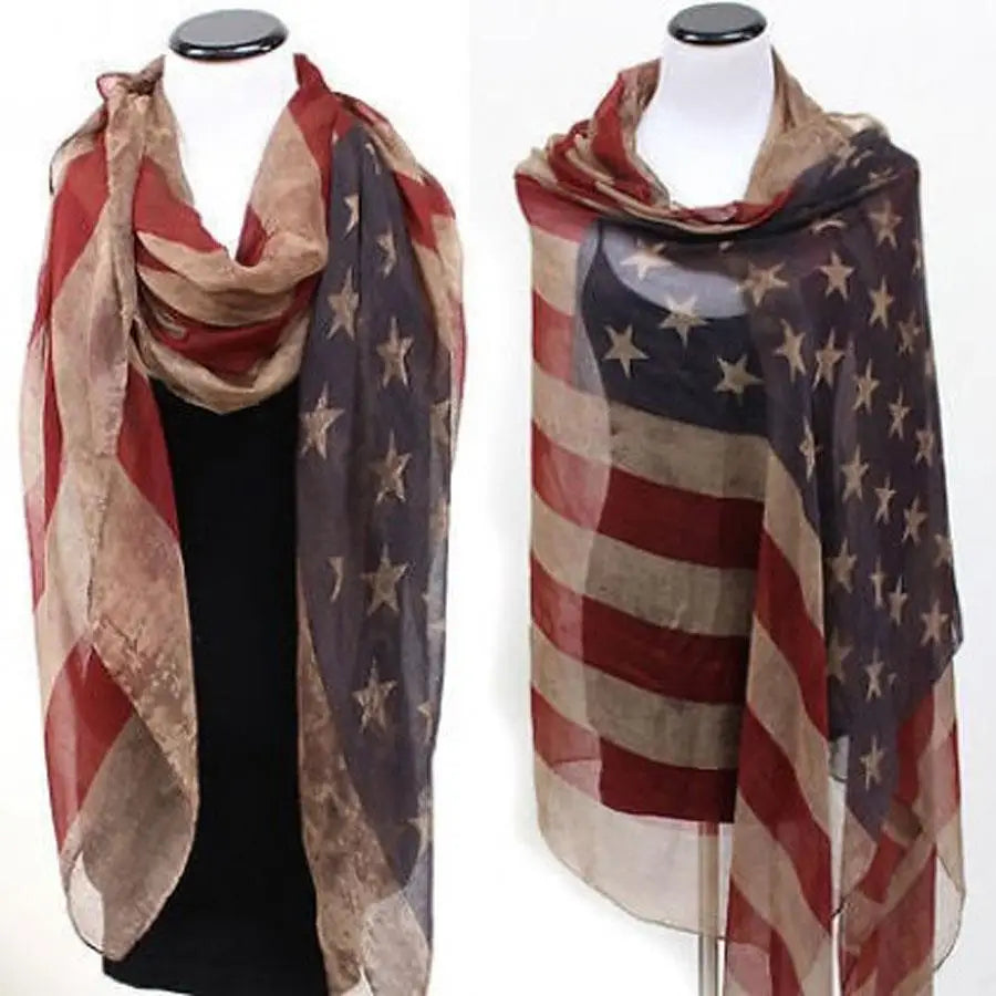 Popular Shawl American Flag Oblong Scarfs Patriotic Stars Pattern Headscarf Muffler Voile Soft Wrap Geometric Stripes Scarf