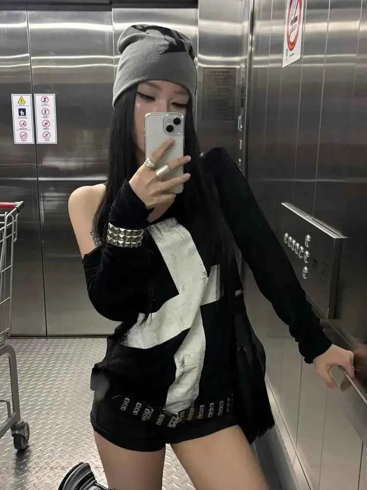 Seeslim Print Cross Graphic T Shirts Woman Long Sleeve Blck Goth Autumn Spring Tops Tees Female Clothing 2000s Clothes Y2k Chic