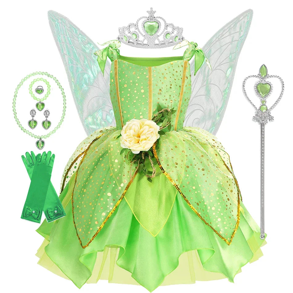 Girls Tinkerbell Fairy Costume – Green Princess Dress Outfit