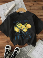 Y2k 100% Cotton Loose Graphic Lemon Print T-Shirt Short Sleeve Crew Neck Casual Top for Summer Spring Women'S Clothing