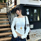 Tonngirls American Retro Print T-shirt Women Long Sleece Button Graphic Tops Y2k Tops 2000s Japanese Grunge Tops E-girls Autumn