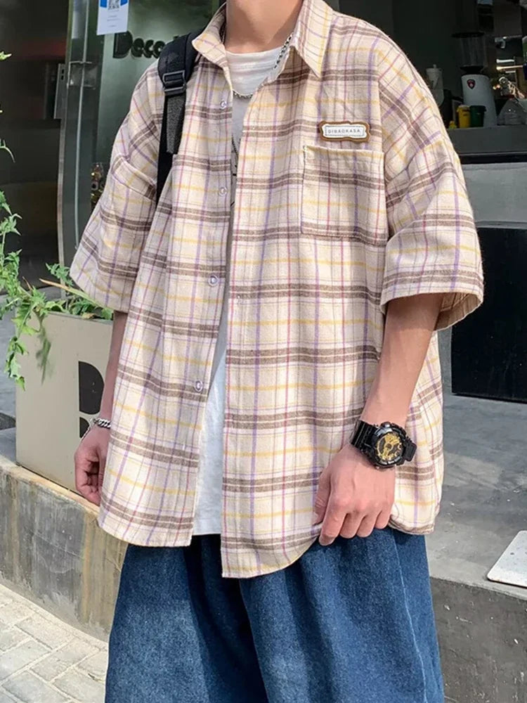 Summer Y2K Vintage Short Sleeve Shirt For Men Loose Appliques Polos Lapel Plaid Tee Shirts 2024 New High Street Pocket Blouse