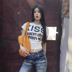 Karrram Japanese Y2k Letter Print T-shirt Trashy 2000s Style Crop Top Vintage Harajuku Short Sleeve Tee Shirt American Retro 90s