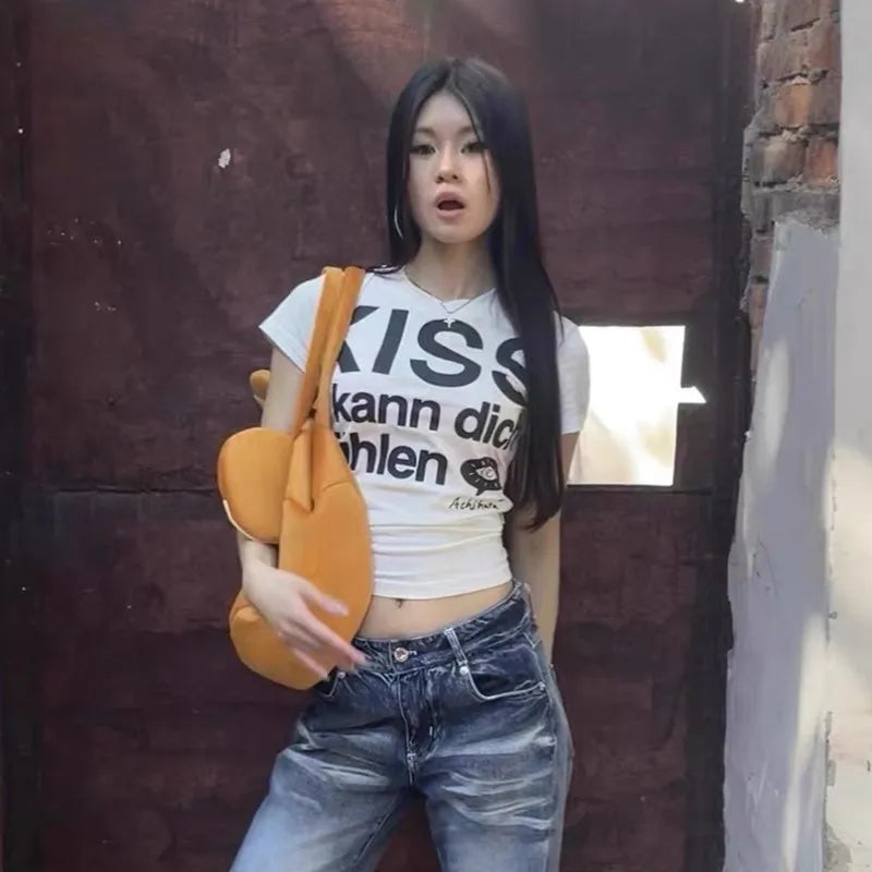 Karrram Japanese Y2k Letter Print T-shirt Trashy 2000s Style Crop Top Vintage Harajuku Short Sleeve Tee Shirt American Retro 90s