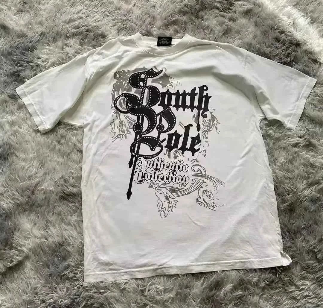 Southpole Y2K Vintage Cotton Graphic Tee Distressed Oversized Unisex T-Shirt with Gothic Print Streetwear Retro Soft Shirt Man