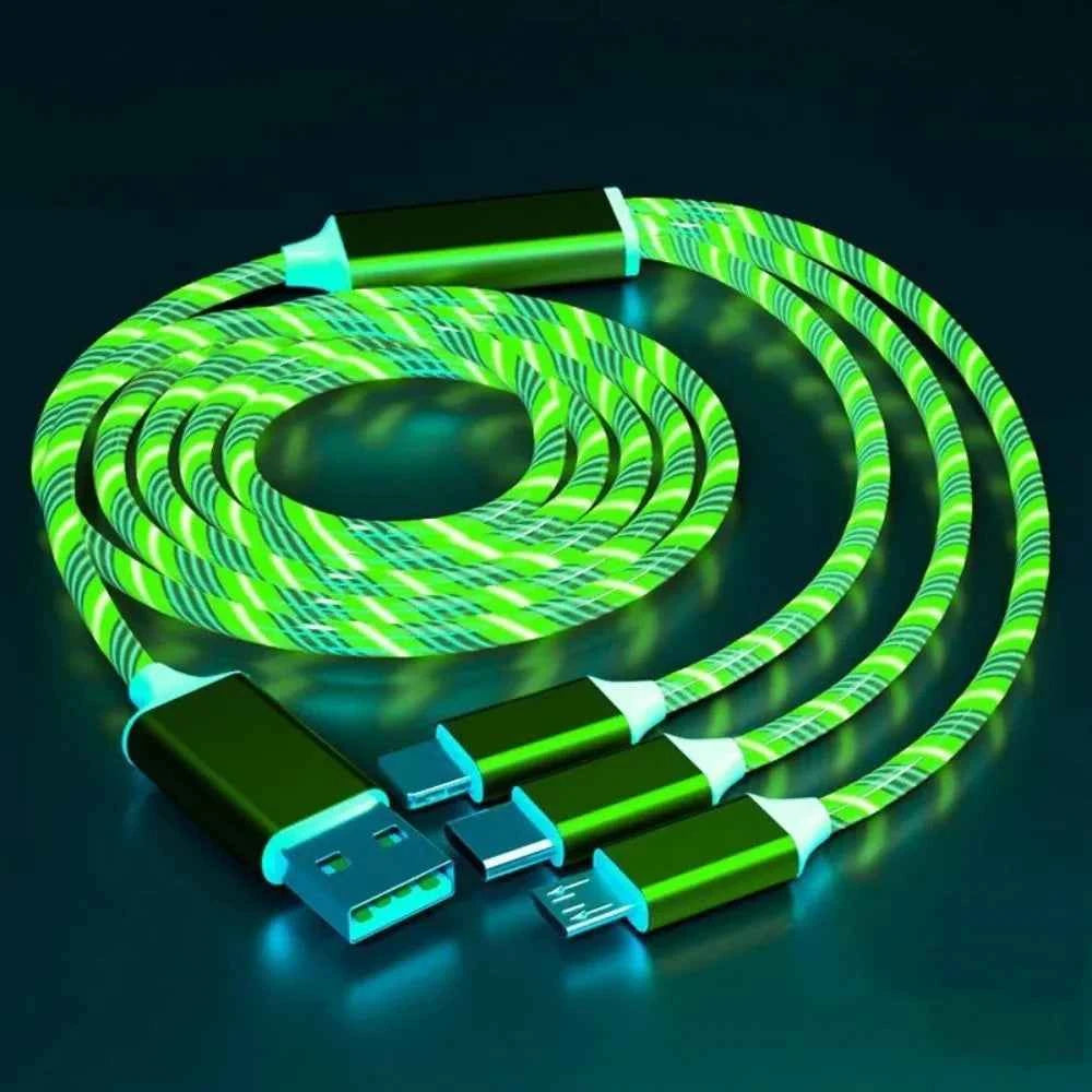 Glowing LED 3 IN 1 Cable For Samsung Xiaomi iPhone Flowing Streamer Light Fast Charger USB C Cord Luminous Type C Cable