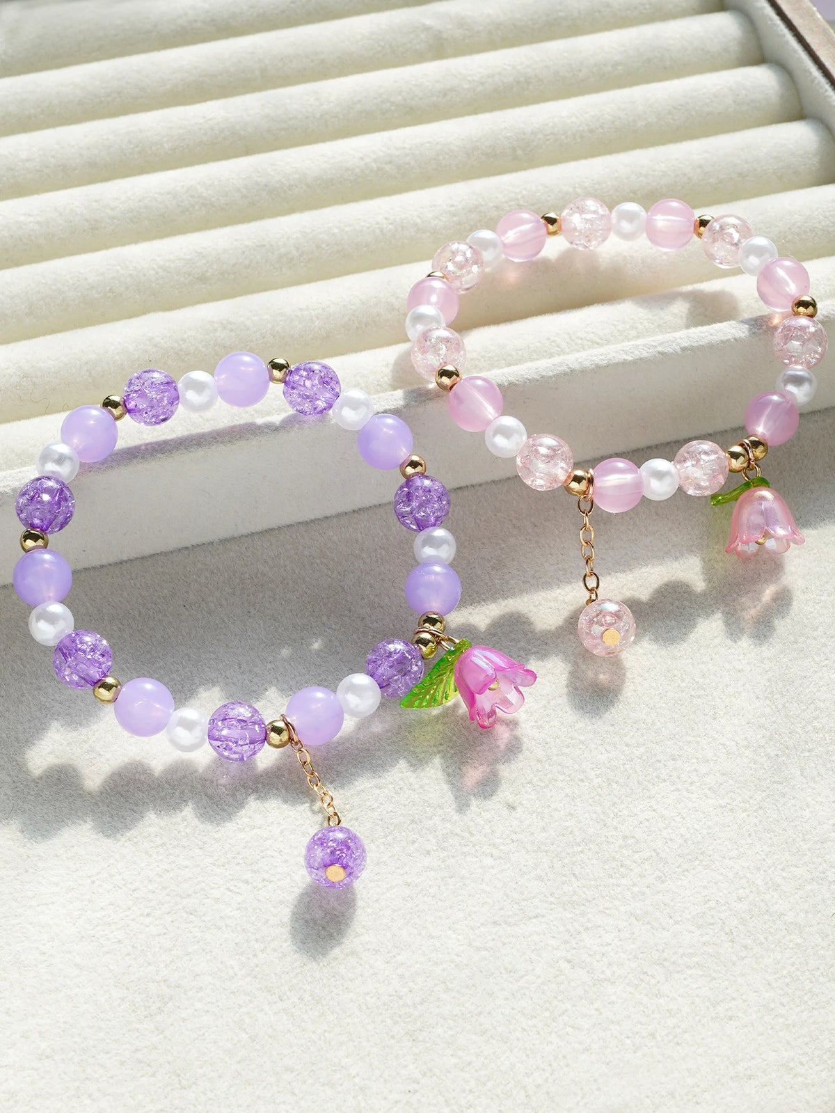 3Pcs/set Lily of the Valley Bellflower Charm Bracelet Set, Colorful Bead Elastic Bracelets with Flower Pendant for Girls