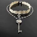 Y2K White Lace Cross Strap Key Choker Necklace for Women Sweet Cool Heart Chain Double Layer Necklace Fashion Party Jewelry Gift