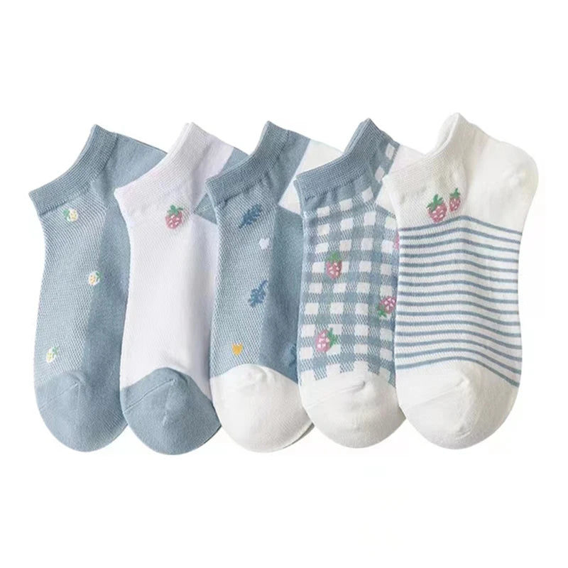 5 Pairs/Lot Socks Women's Short  Ankle Low Cut No-Show Foot Cute Bear Hearts Print  School Cotton  Breathable Set Casual Retro