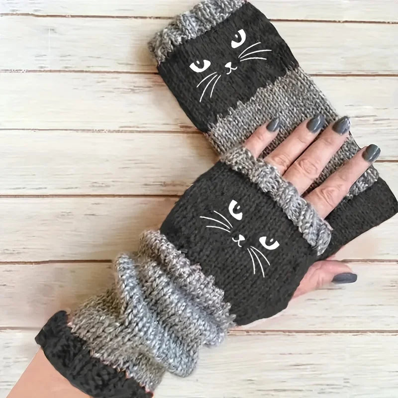 Thermal Winter Gloves Warm Cute Cat Fingerless Gloves Halloween Christmas Unisex Anti-Cold Thickened Touchscreen Mittens
