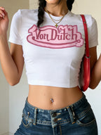 Women's Retro Letter Pattern Printed Round-neck Short Sleeve Top - Casual Sports Short-Sleeved Stripped T-Shirt