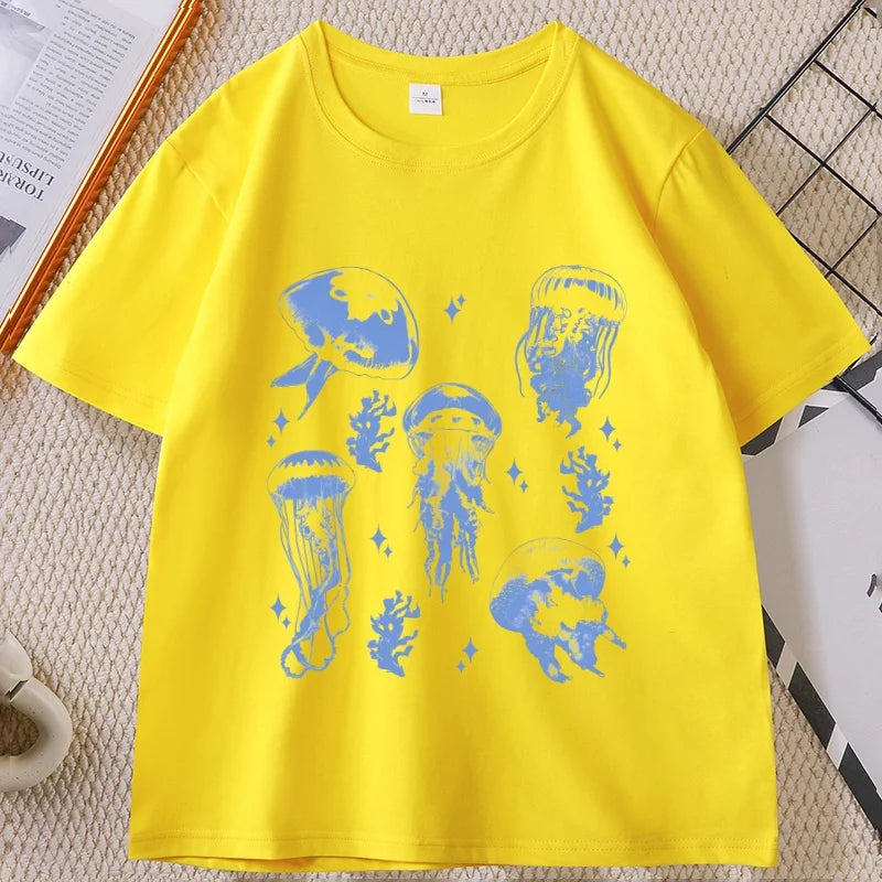 Vintage Jellyfish T-Shirt Summer Ocean Tee Sea Creature Top Beach Lover Gift Men Women Casual Round Neck Printed T Shirt