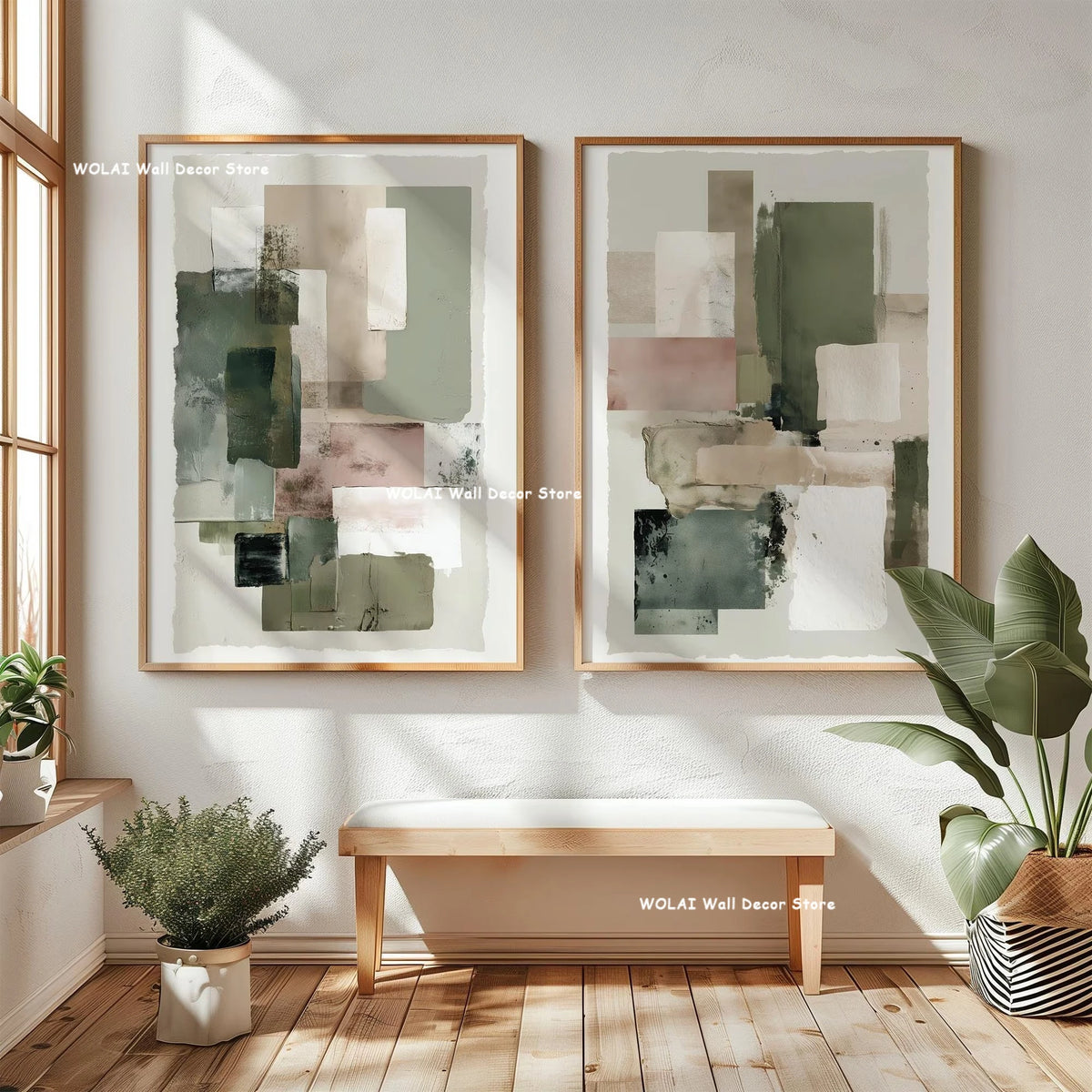 2pcs/set Japanese Retro Wabisabi Mountain Abstract Canvas Printing Abstract Green Sunset Flying Crane Wall Art Poster Home Decor