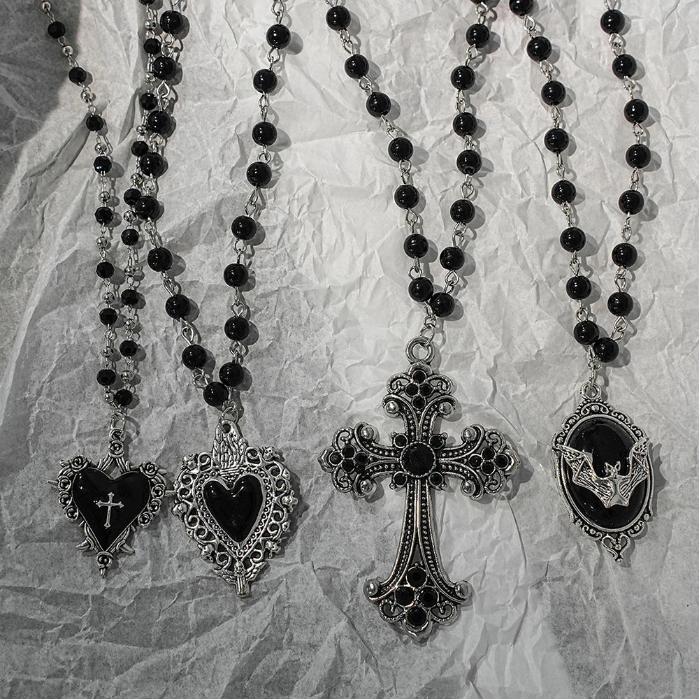 Gothic Bat Cross Dark Pendant Necklace Set, Y2K Personalized Thorn Love Black Bead Stacked Necklace Set, Suitable as Halloween G