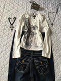 Women s Y2K Gothic Black Printed V neck Long Sleeve Tight Waist T shirt American Retro Autumn New Fashion Slim Fit Top