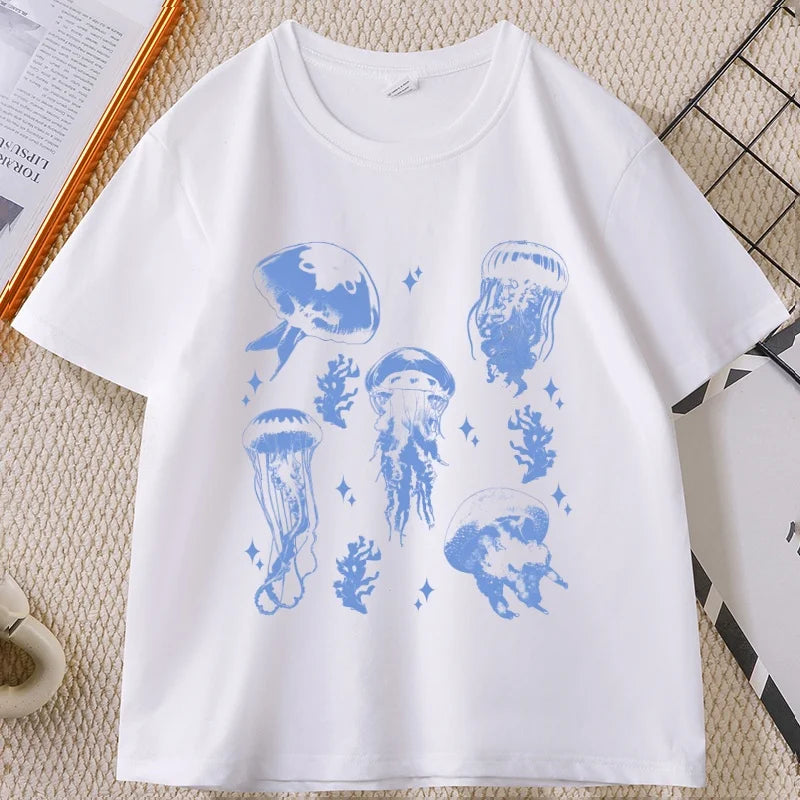 Vintage Jellyfish T-Shirt Summer Ocean Tee Sea Creature Top Beach Lover Gift Men Women Casual Round Neck Printed T Shirt
