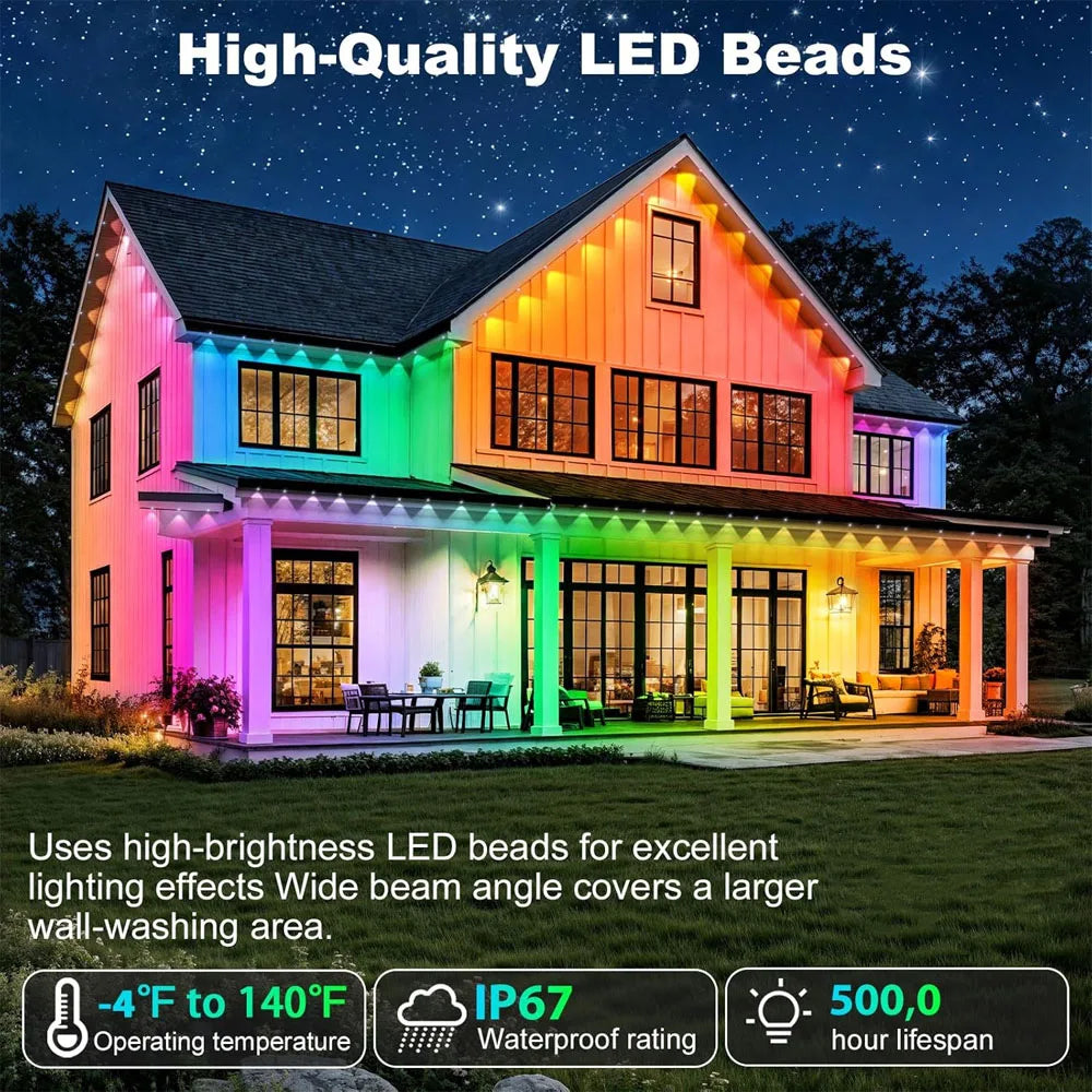 New Black RGB Eaves LED Lights Permanent Outdoor Lights String APP Bluetooth Light Strip Scene Modes House Party Wedding Light