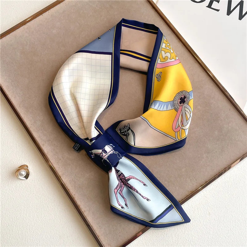 Luxury Brand Horse Print Skinny Neckerchief Scarf For Women Satin Silk Ribbons Bandana Ladies Neck Tie Wrist Wrap Shawl Echarpe