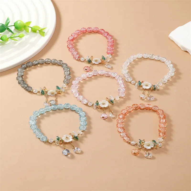 6pcs/set Colorful Popcorn Crystal Beaded Women Bracelet Daisy Flower Pendant Fashion Bracelet Mom Girlfriend Valentine's Day Gif