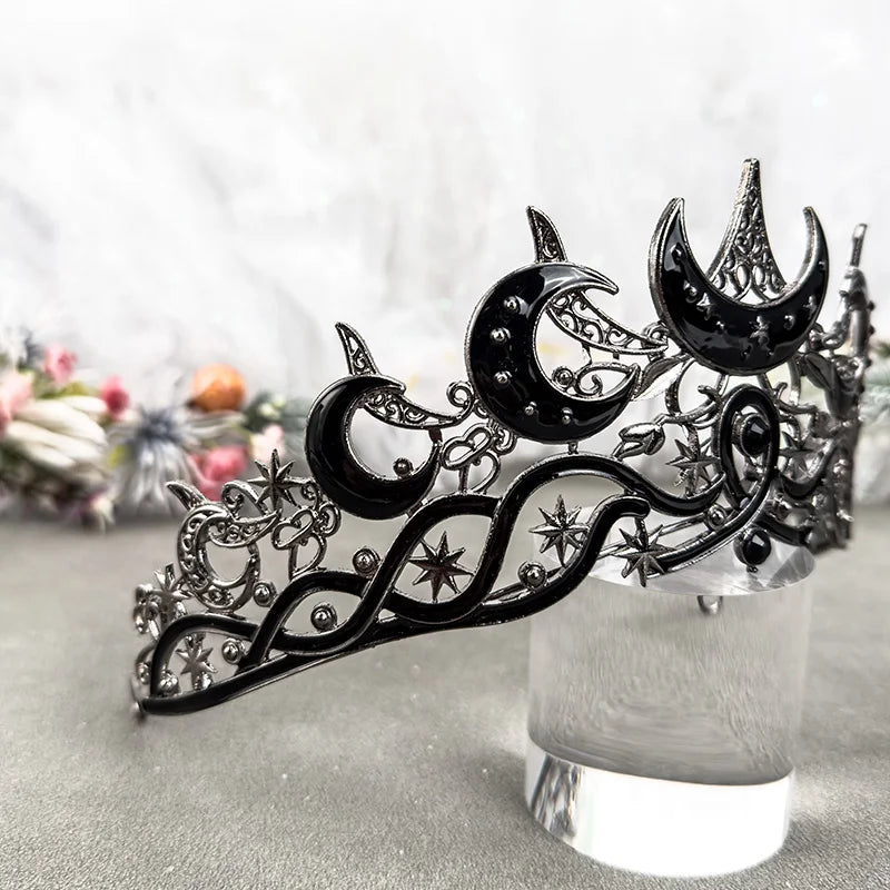 Gothic Black Moon Tiara Dark Queen Crown for Women Baroque Celestial Star Headpiece Vintage Cosplay Halloween Wedding Party Acce