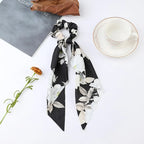 Fashion Flower Print Bow Satin Long Ribbon Ponytail Scarf Tie Scrunchies Women Girls Elastic Bands Hair Accessories