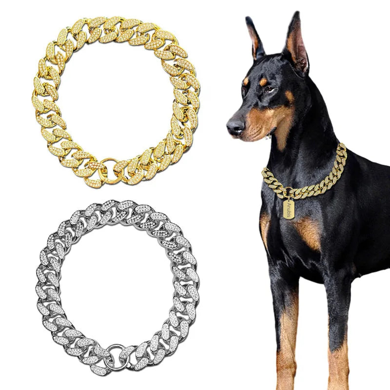 ABS Plastic Dog Collar Chain Diamond Inlay Sparkle Bulldog Necklace Cat Collars Pet Accessories Small Medium Large Dogs Golden - WTN Essentials 